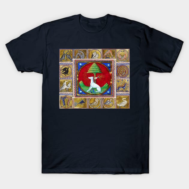 MEDIEVAL BESTIARY,WHITE DOG,HAND AND TREE, FANTASTIC ANIMALS IN GOLD RED BLUE COLORS T-Shirt by BulganLumini